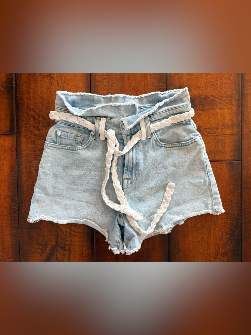 7 For All Mankind Light Wash Denim Shorts with Braided White Belt